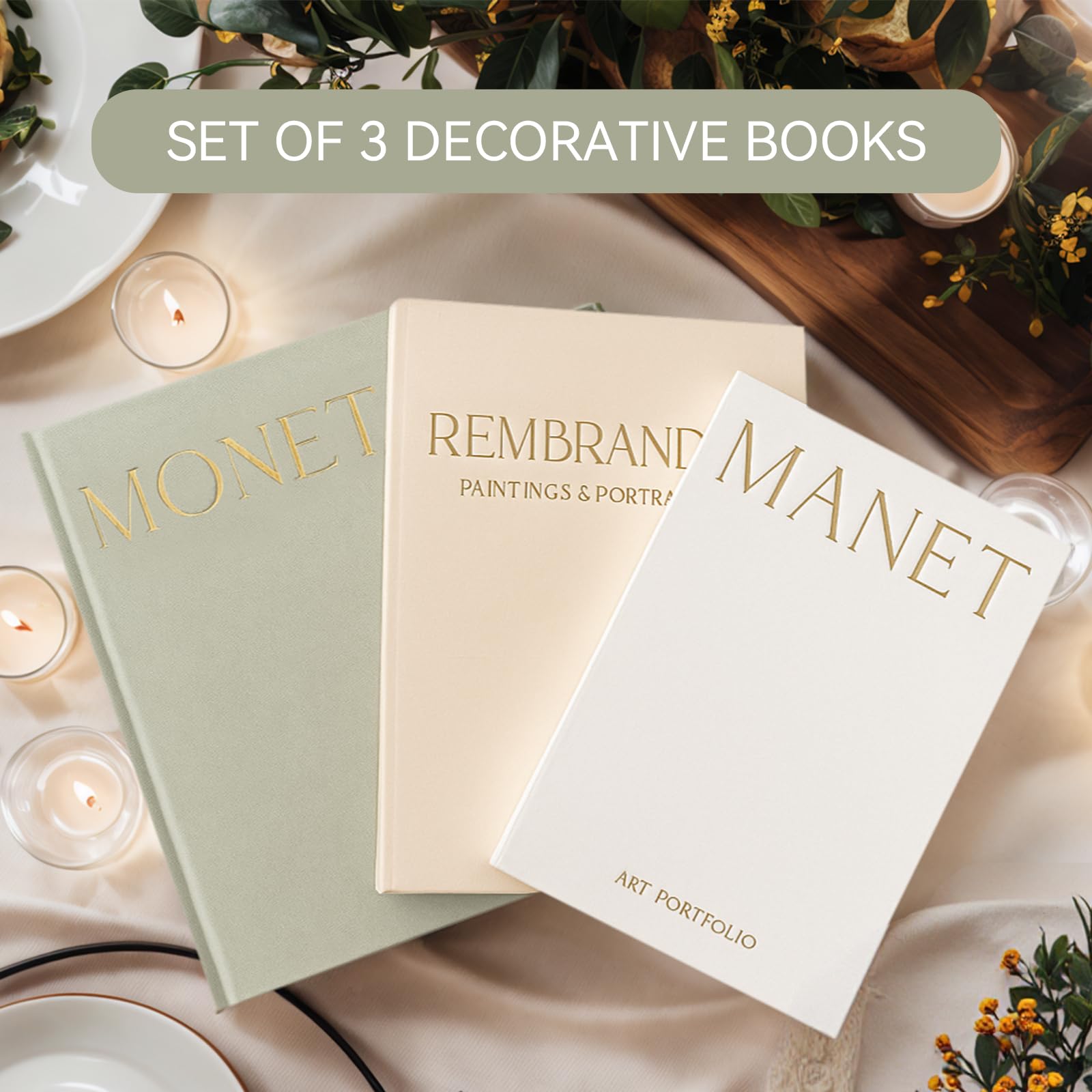 HeidMiduo linen-covered faux books with sage beige white tones enhance shelf decor.