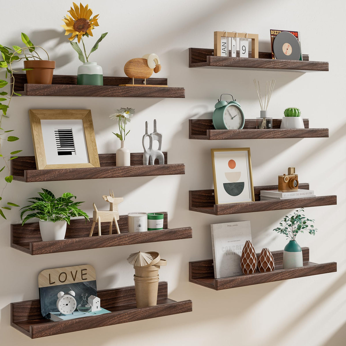Heimlove 24-inch picture ledge mounted on wall in walnut finish for display.