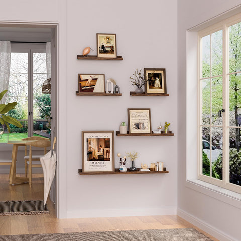 Heimlove two-depth walnut floating shelves for layered display space.