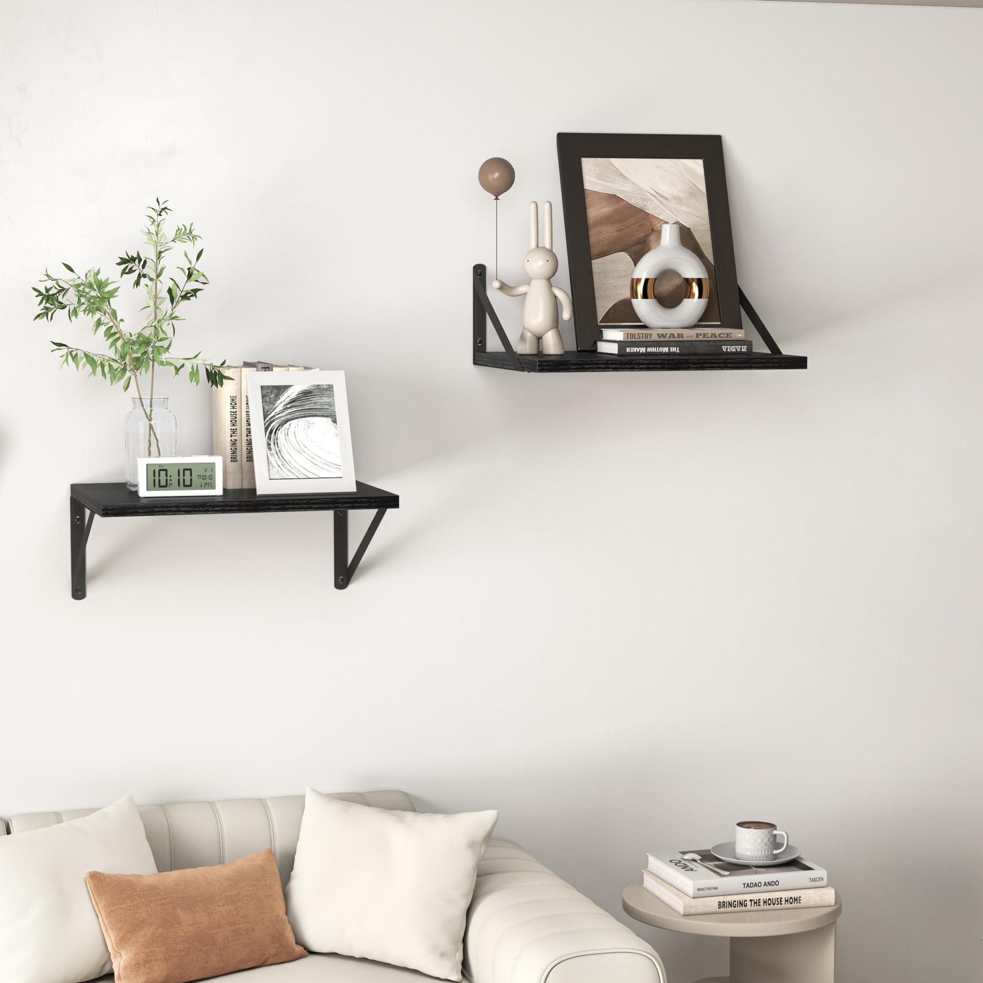Two-shelf arrangement mounted top or bottom for different looks.