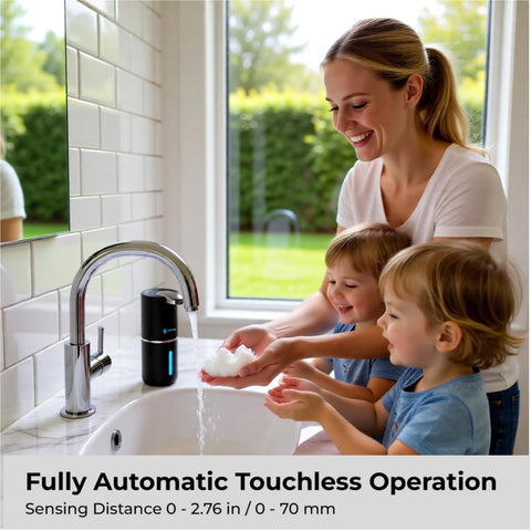 Heione sensor activation shows touchless foam dispensing.