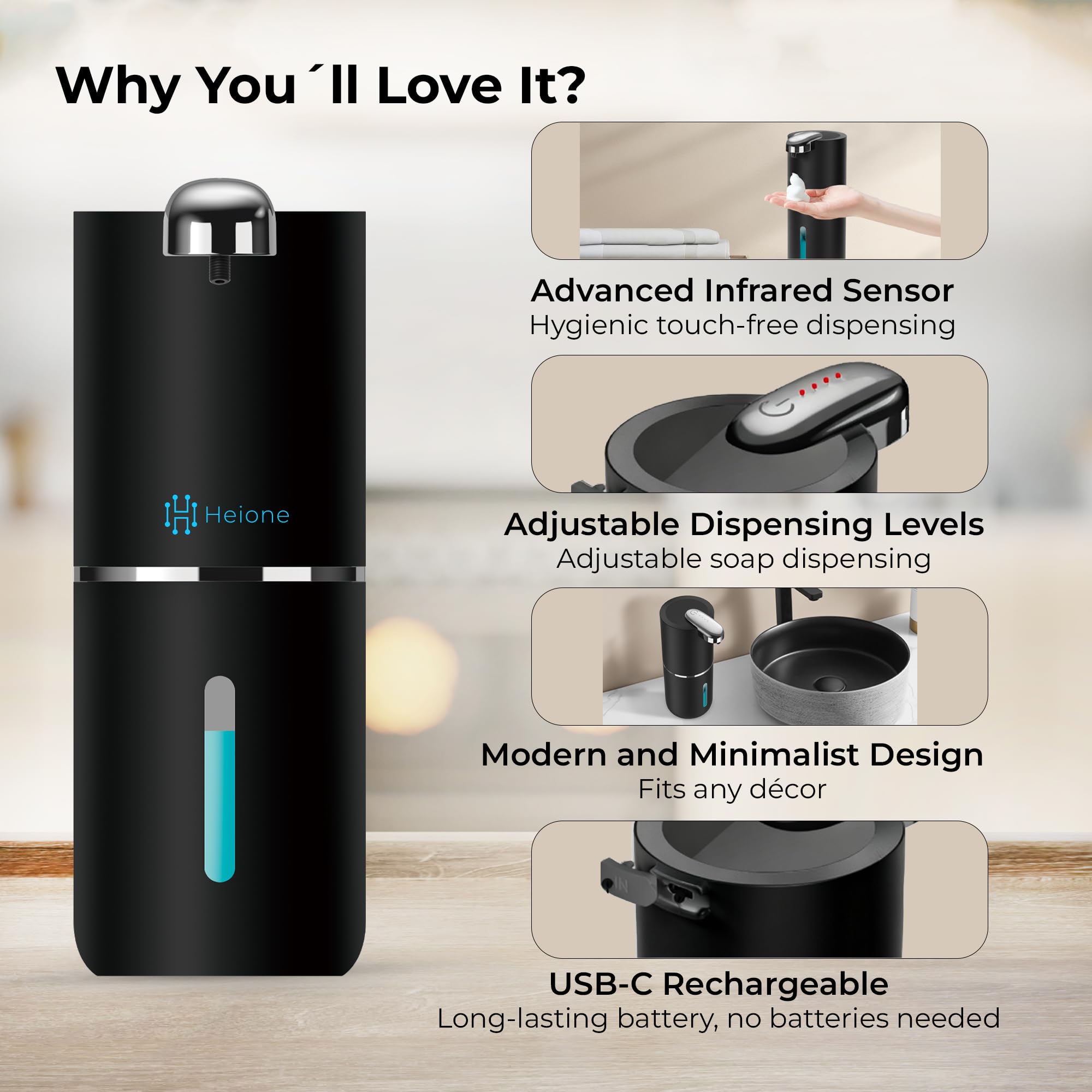 Heione USB-C rechargeable battery powers long use between charges.