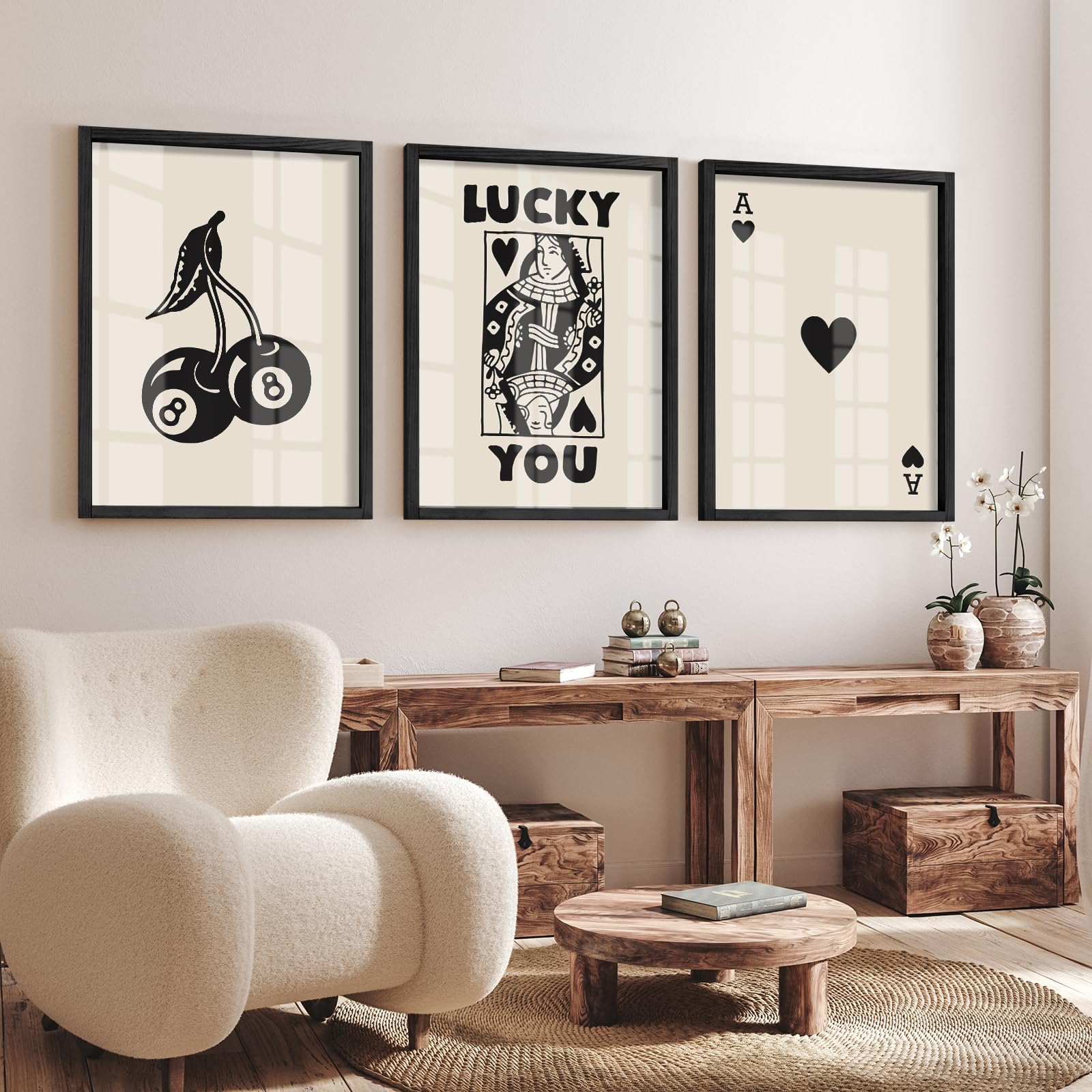 Heiple black-and-white poker posters decorate walls with timeless rustic appeal.