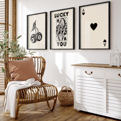 Heiple framed Lucky You poker trio elevates game room ambiance with retro vibe.
