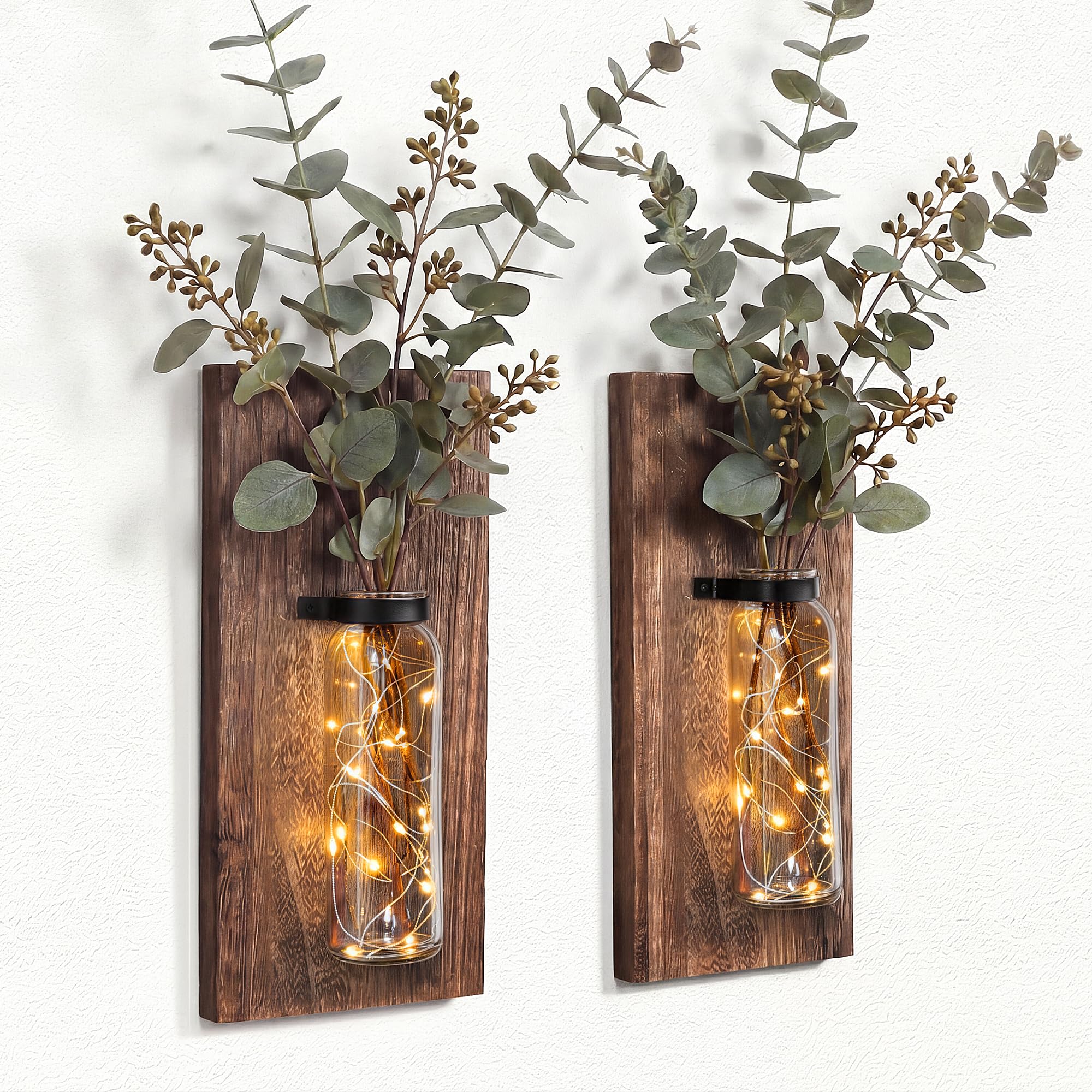 Heiple two-pack wood glass wall sconces duo with warm lights for rustic decor