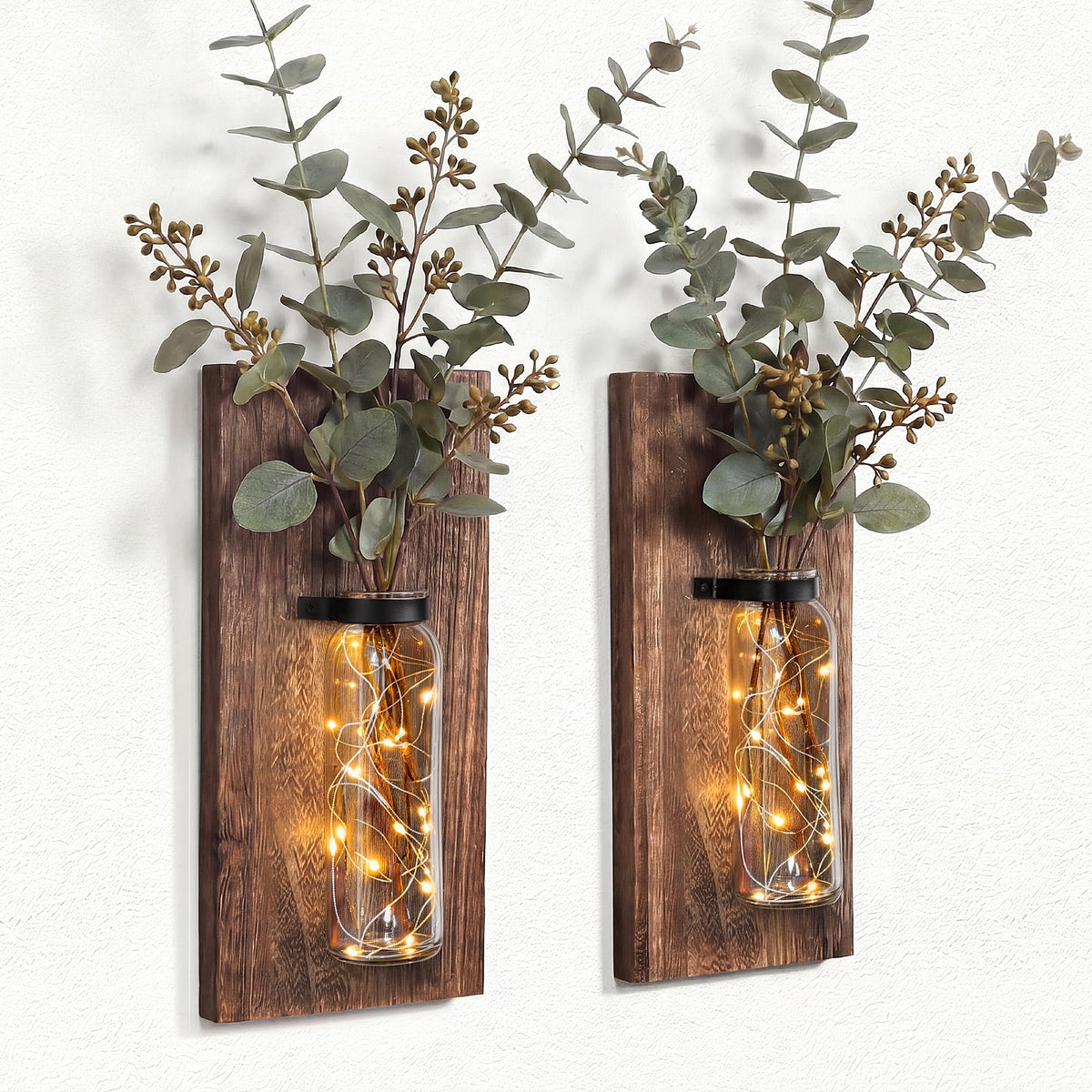 Heiple two-pack wood glass wall sconces duo with warm lights for rustic decor