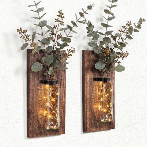 Heiple two-pack wood glass wall sconces duo with warm lights for rustic decor