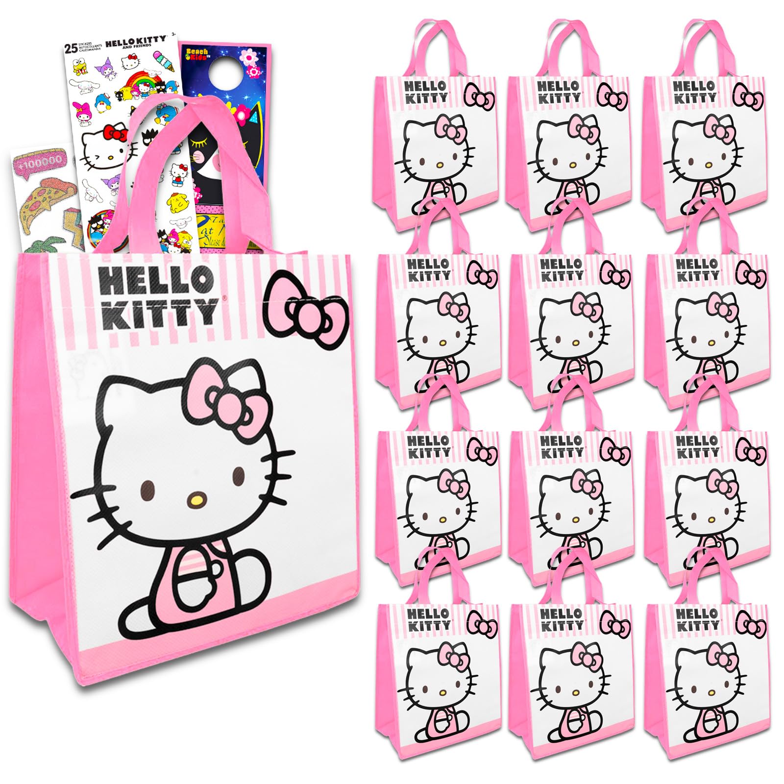 Hello Kitty mini tote bags with colorful artwork, perfect for party favors.