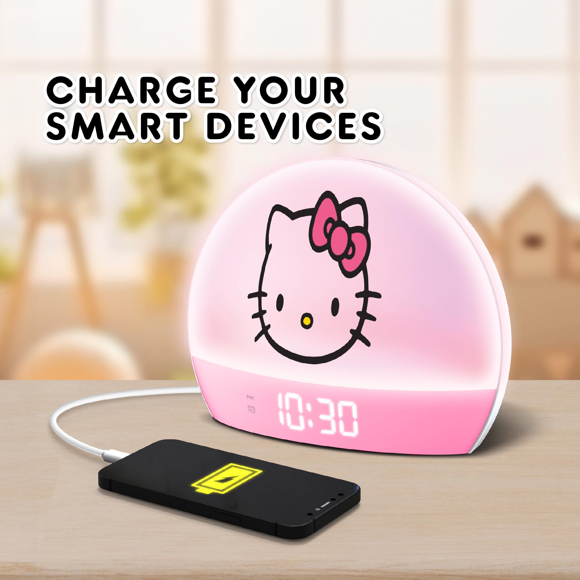 Hello Kitty sunrise alarm clock snooze button close-up for quick wake-ups