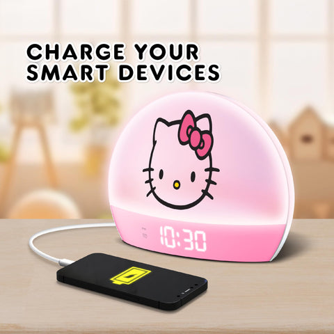 Hello Kitty sunrise alarm clock snooze button close-up for quick wake-ups