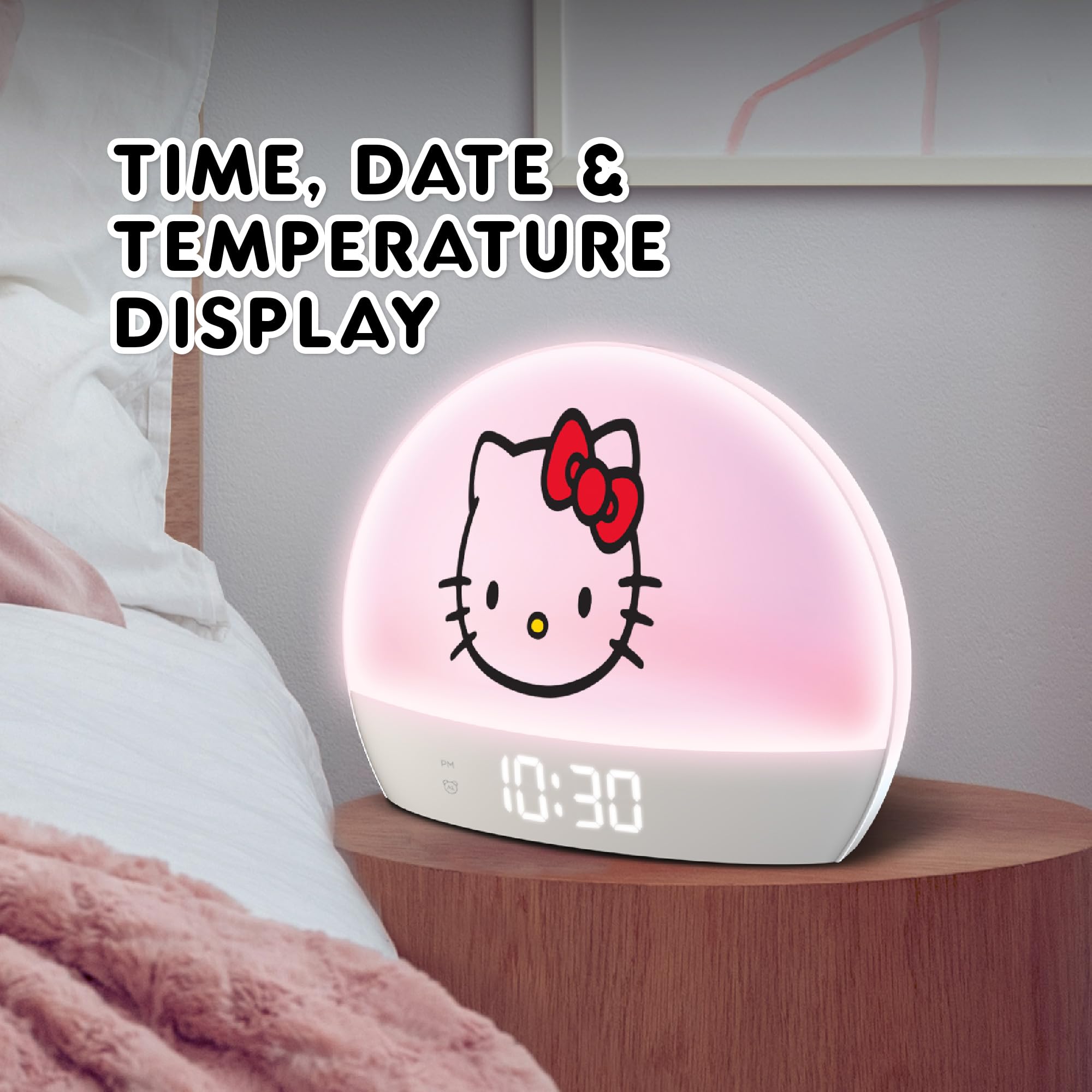 Hello Kitty Sunrise Alarm Clock LED display shows time, date, and temperature clearly.