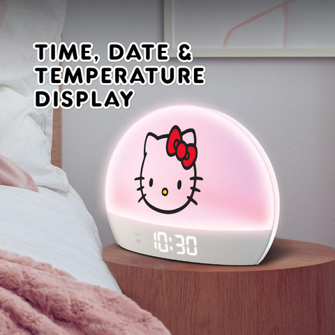 Hello Kitty Sunrise Alarm Clock LED display shows time, date, and temperature clearly.