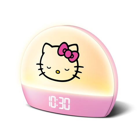 Hello Kitty sunrise alarm clock with LED display showing time, date, and temp