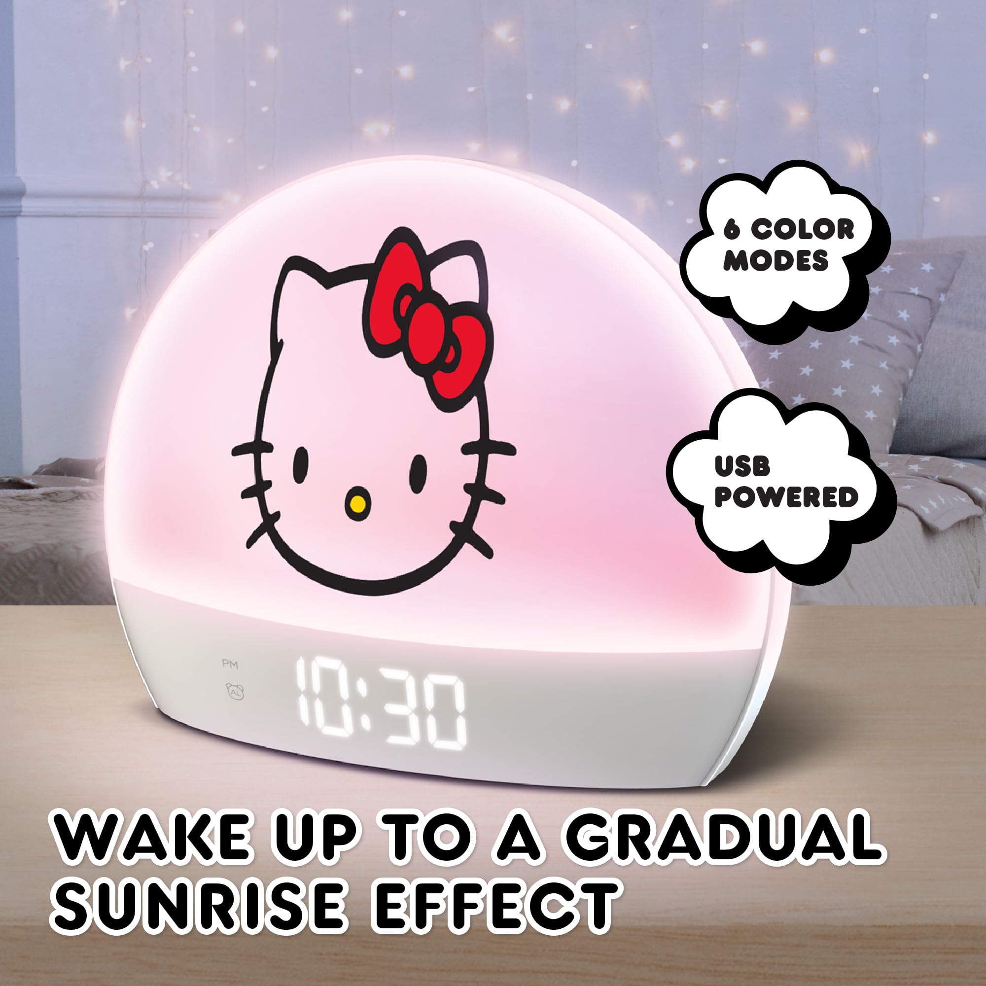 Hello Kitty Sunrise Alarm Clock multicolor lights create a playful morning mood.