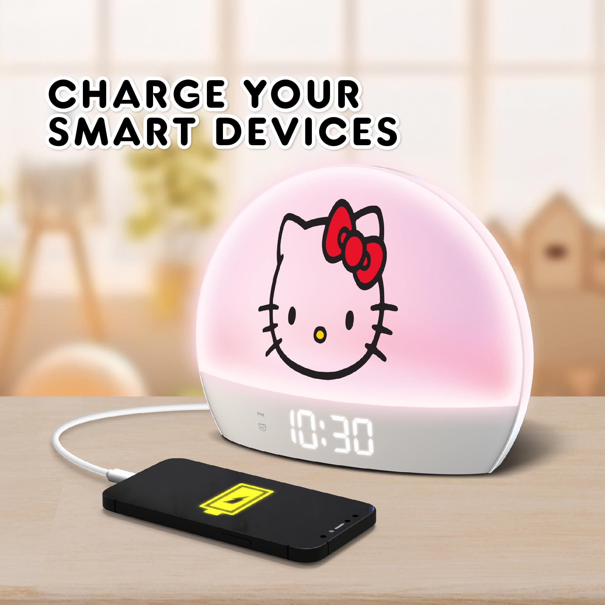 Hello Kitty Sunrise Alarm Clock USB charging port powers devices while you wake.