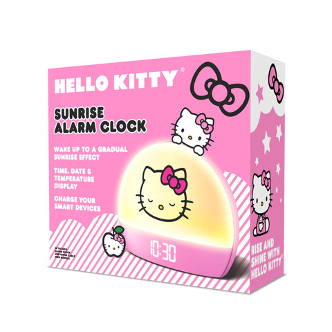 Hello Kitty sunrise display shows temperature for outfit planning guidance