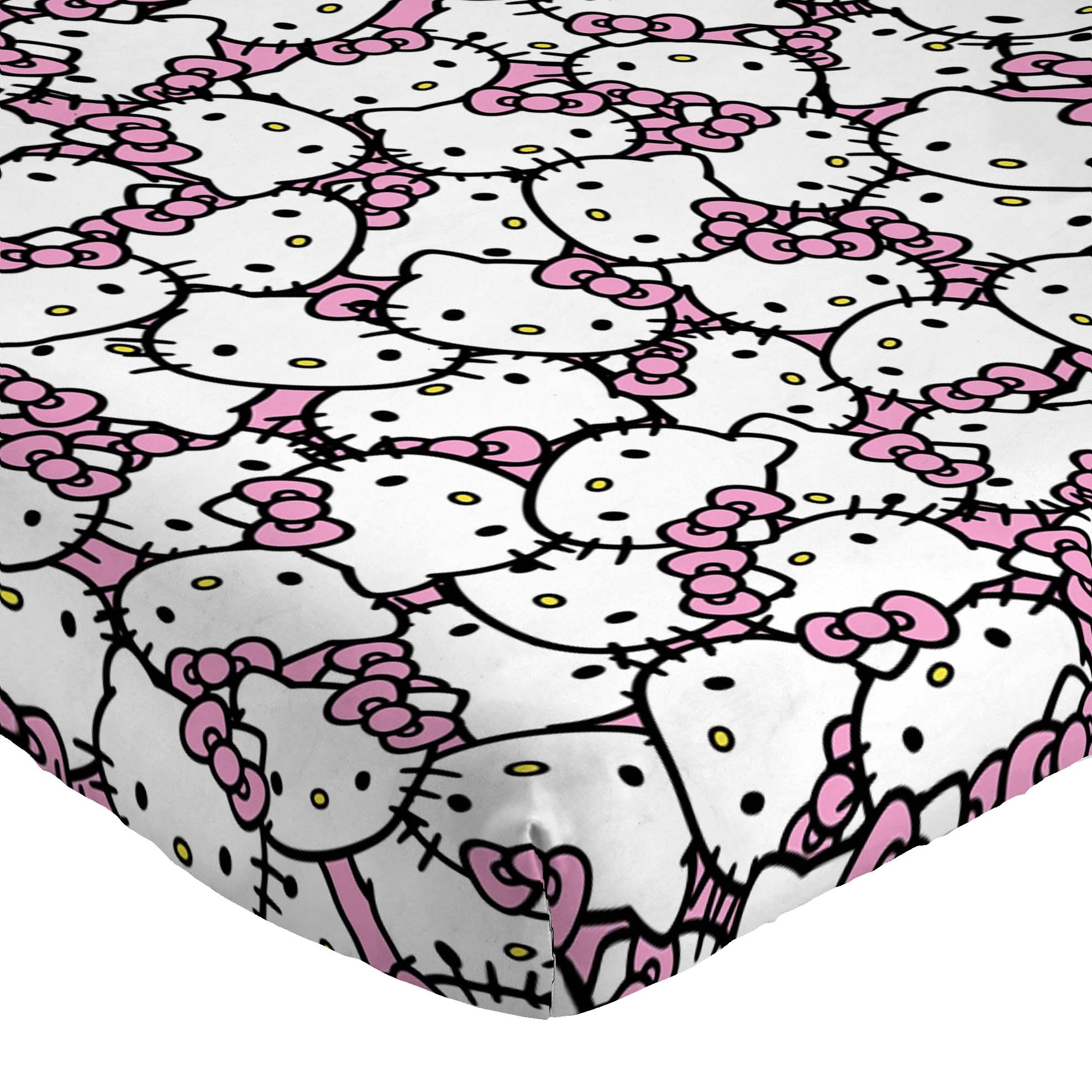 Hello Kitty twin sheet set fitted sheet stretched for a snug mattress fit.