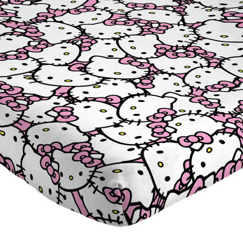 Hello Kitty twin sheet set fitted sheet stretched for a snug mattress fit.