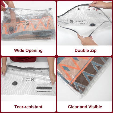HelpLand luggage space saver bag demonstrates up to 80% volume reduction.