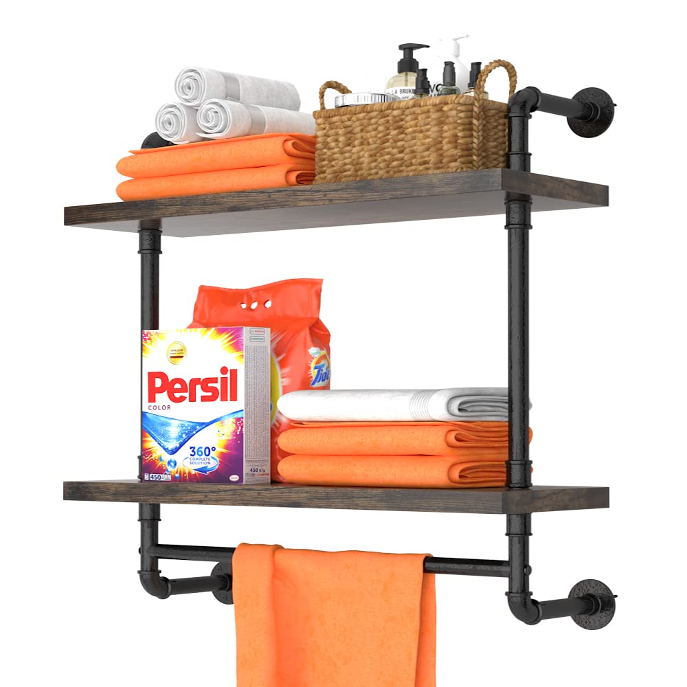 Helsin 24-inch industrial pipe shelf with towel bar on wall for bathroom organization.