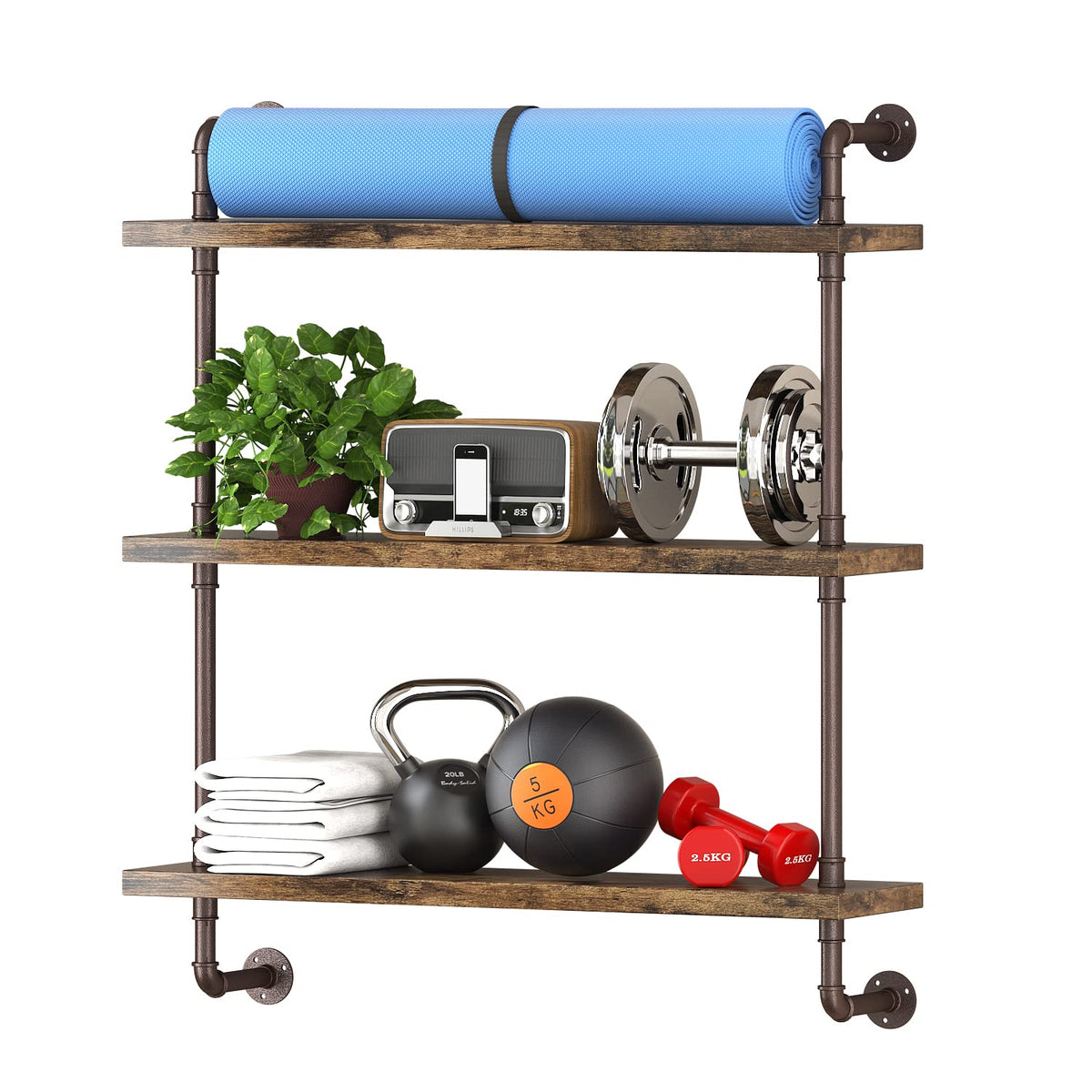 Helsin 3-tier pipe shelf wall display with rustic wood shelves for organized kitchen storage.