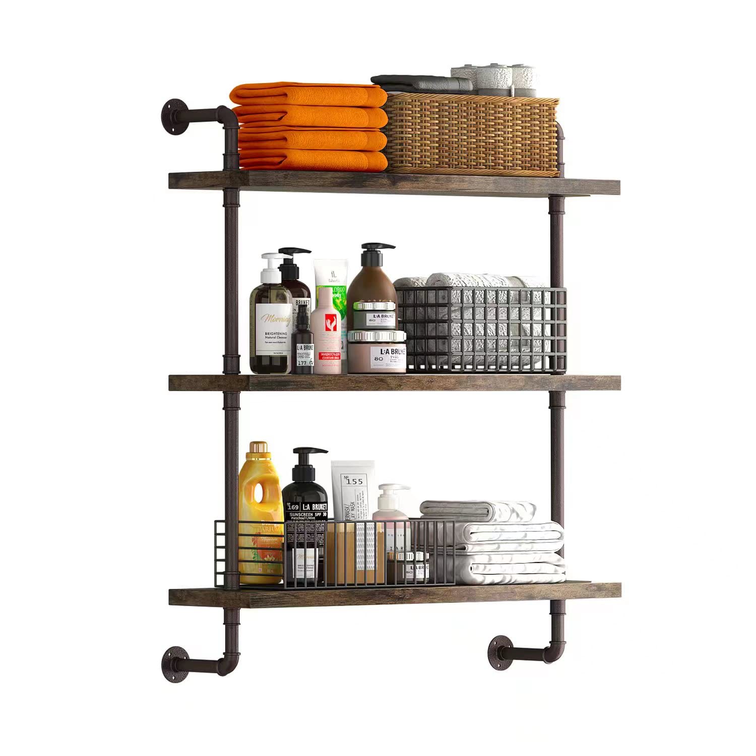 Helsin 3-tier industrial pipe shelf on wall with bronze finish for stylish storage
