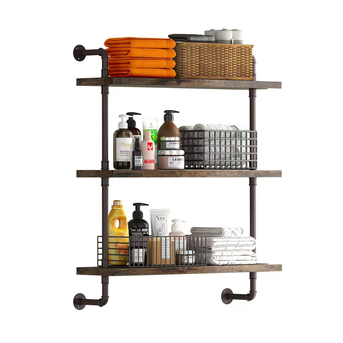 Helsin 3-tier industrial pipe shelf on wall with bronze finish for stylish storage