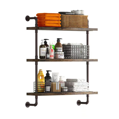 Helsin 3-tier industrial pipe shelf on wall with bronze finish for stylish storage