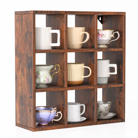 Helsin 9-grid vintage mug display rack on bronze wall mount keeps mugs accessible and organized.