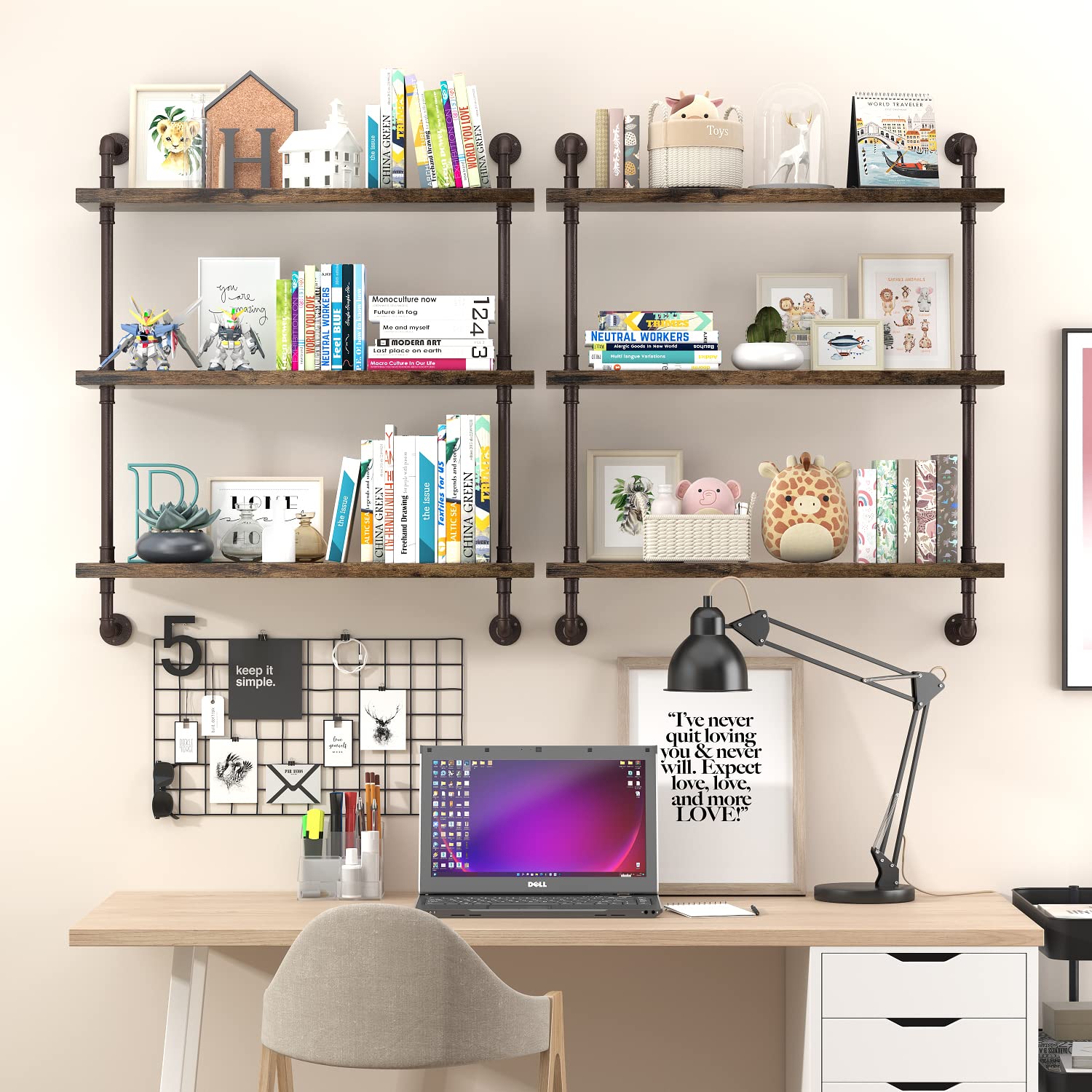 Helsin industrial pipe shelf adds rustic charm to living room or office.