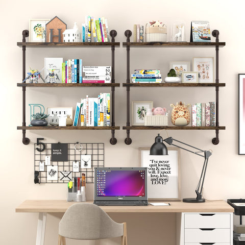 Helsin industrial pipe shelf adds rustic charm to living room or office.