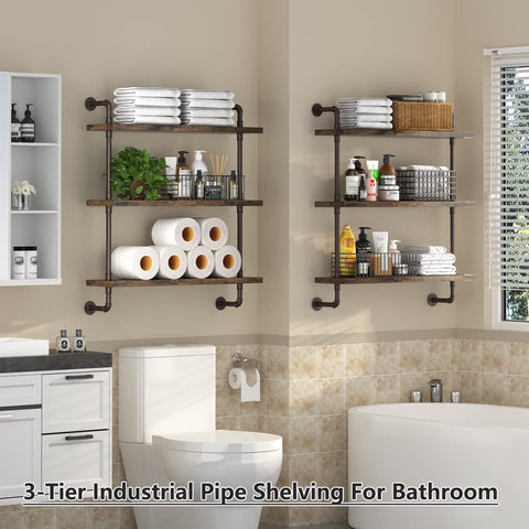 Helsin rustic wood shelf close-up shows iron pipes and vintage hardware