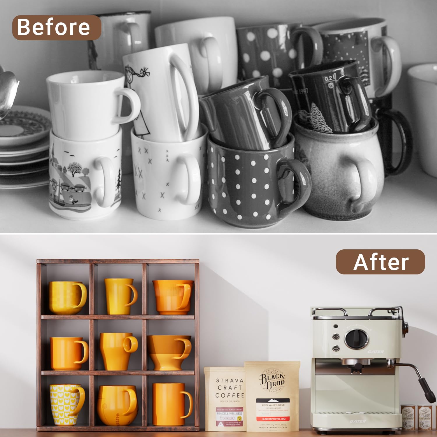 Helsin wall-mount mug shelf offers flexible placement for small kitchens.