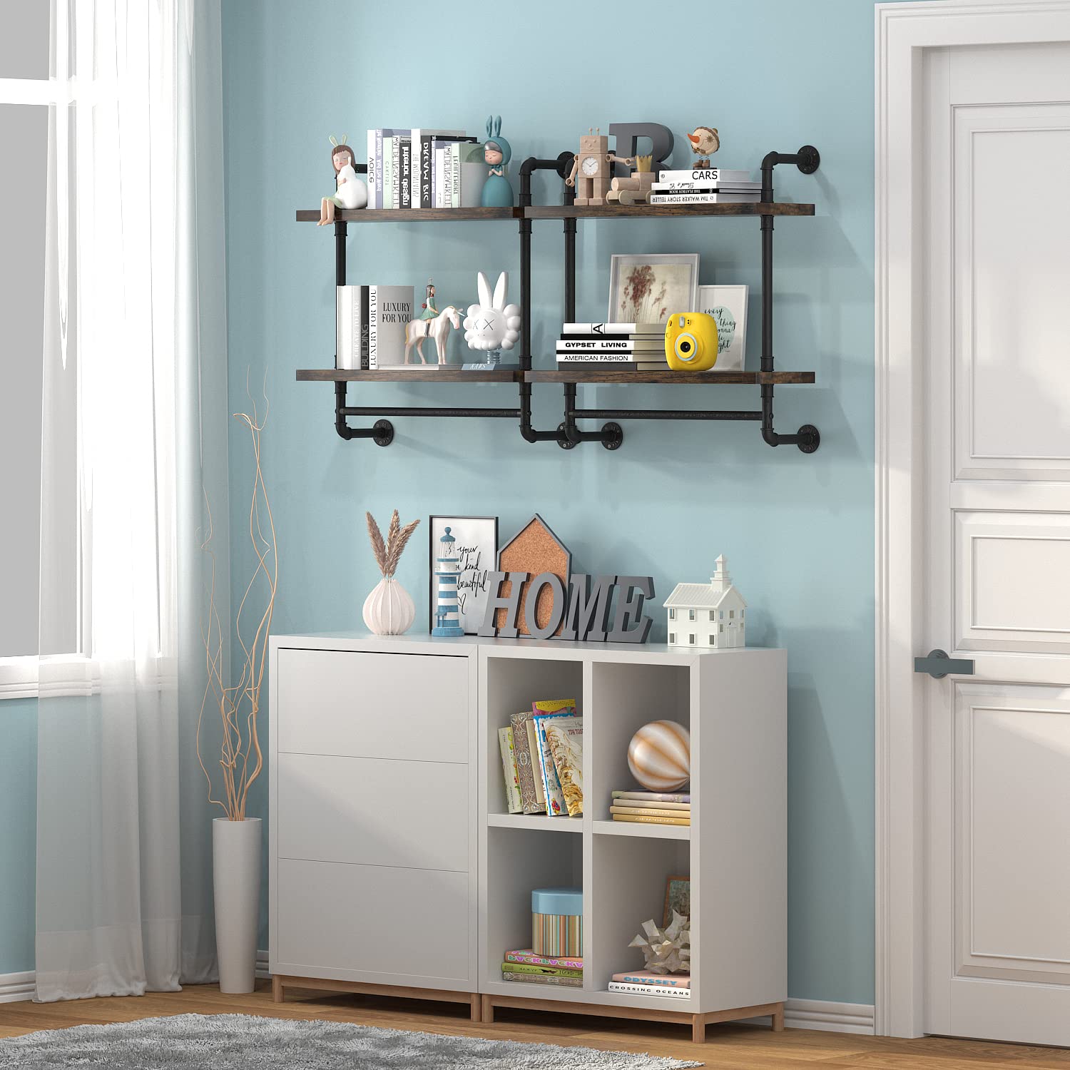 Helsin wall-mounted bathroom shelf setup featuring towel bar and storage.