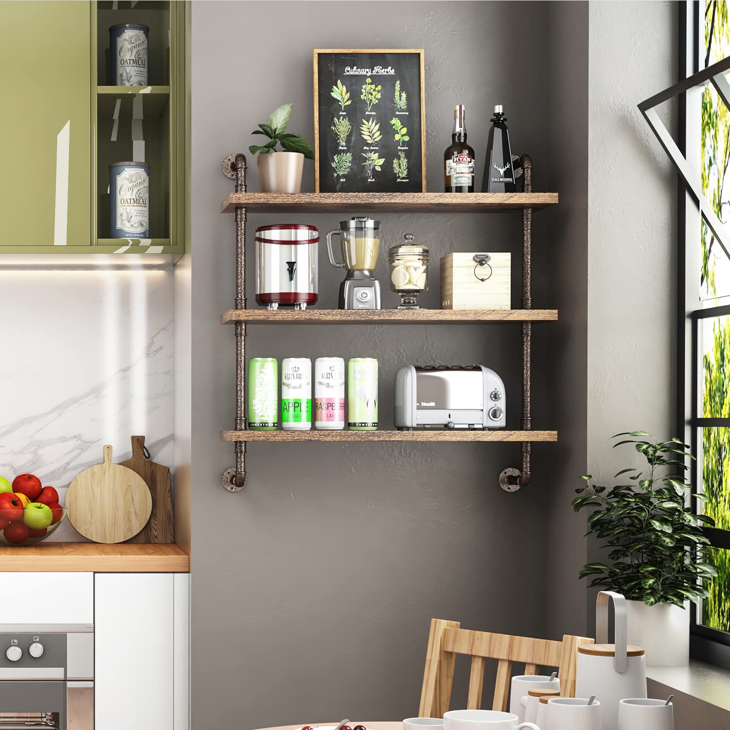 Helsin shelf unit mounted on wall shows industrial pipes and warm wood grain.