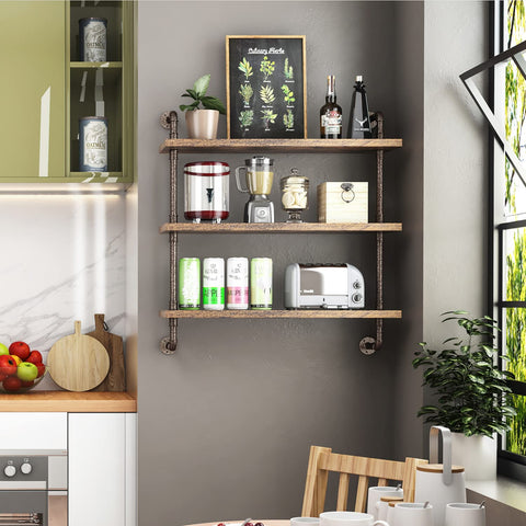 Helsin shelf unit mounted on wall shows industrial pipes and warm wood grain.