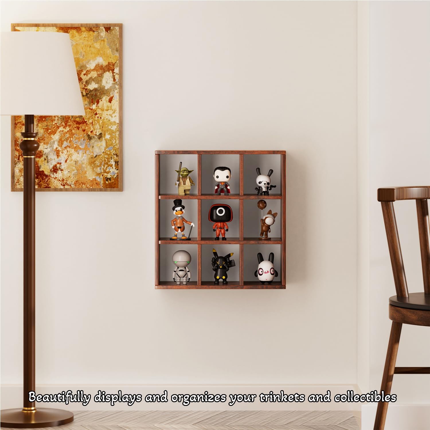 Helsin wooden shadow box display shelf with bronze finish enhances coffee corner presentation.