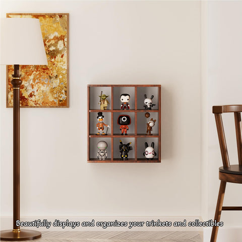 Helsin wooden shadow box display shelf with bronze finish enhances coffee corner presentation.