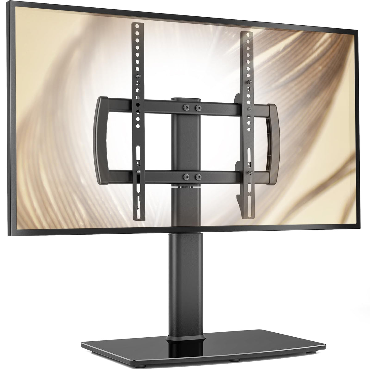 Hemudu universal table-top TV stand base in tempered glass for stability.