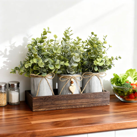 HEMYLU three-pots-on-wood-tray centerpiece for console tables.