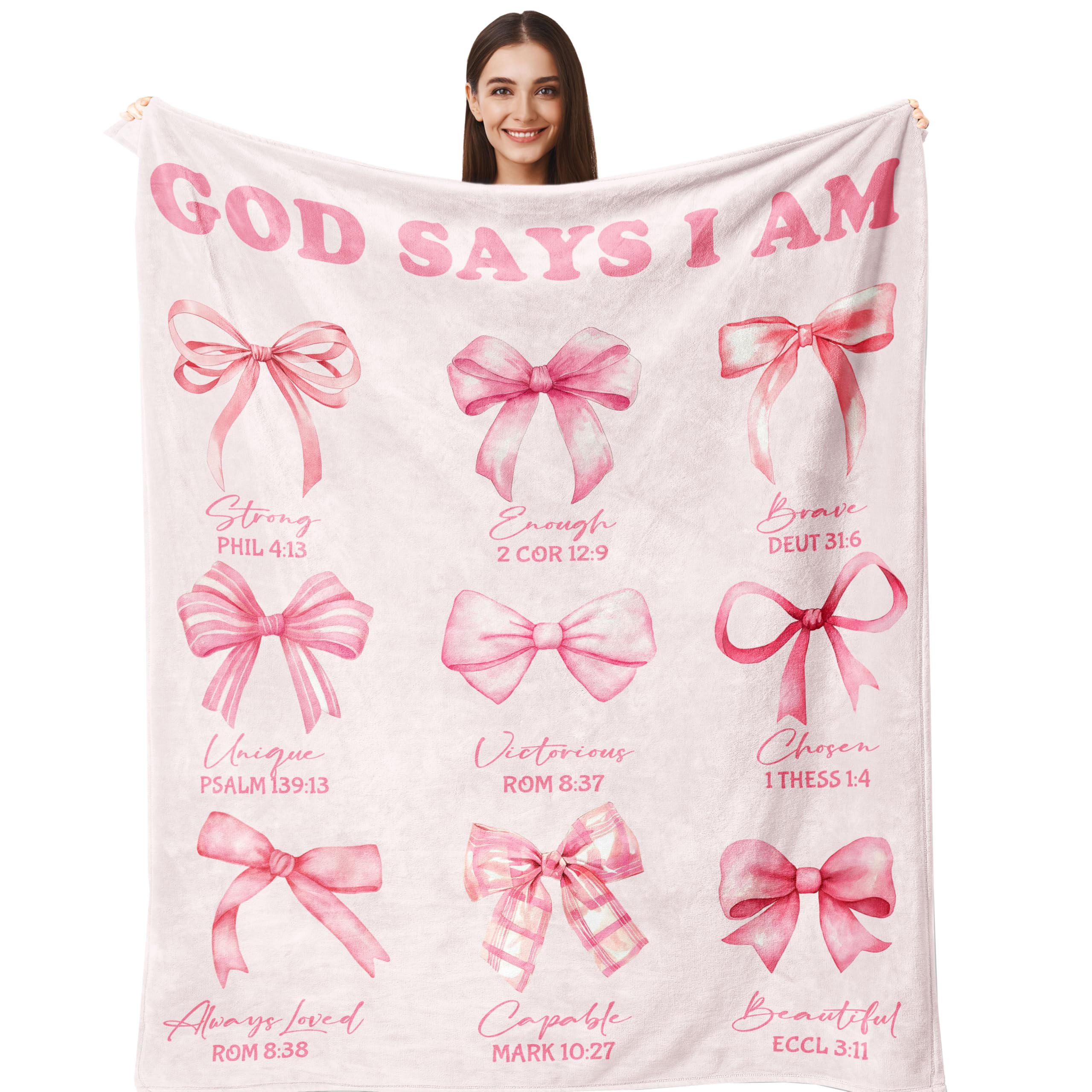 Henazin bow blanket with pink pattern, a cozy religious gift for women.