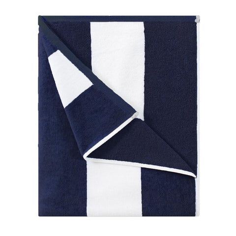 HENBAY cotton oversized beach towel with navy stripe, ideal for lounging after sun