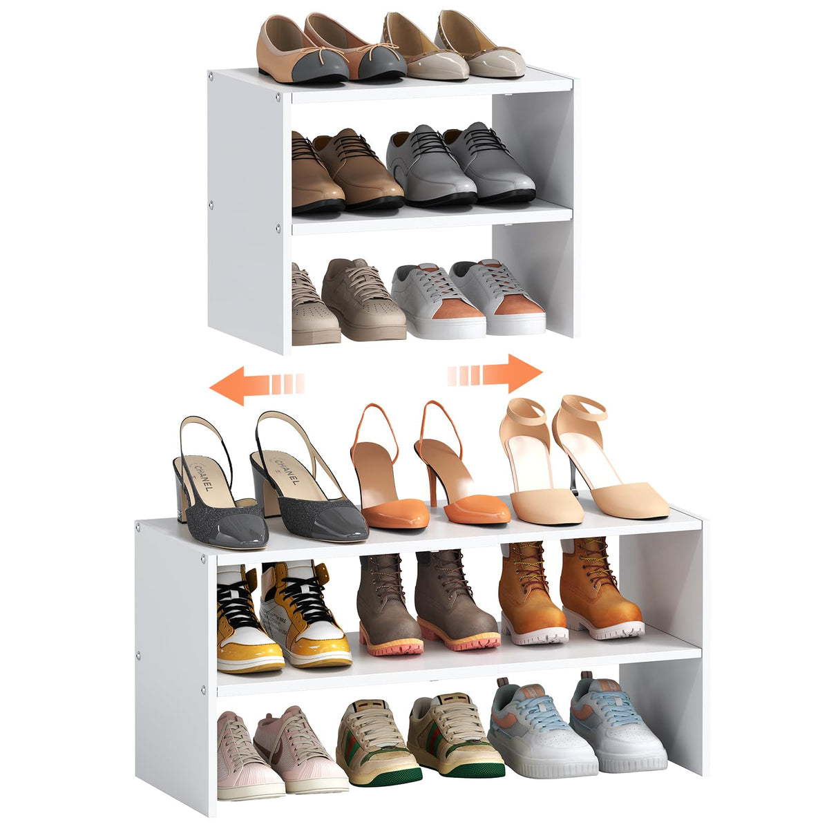 Hencawima 2-tier expandable white shoe rack showing compact, versatile storage for 6–12 pairs.