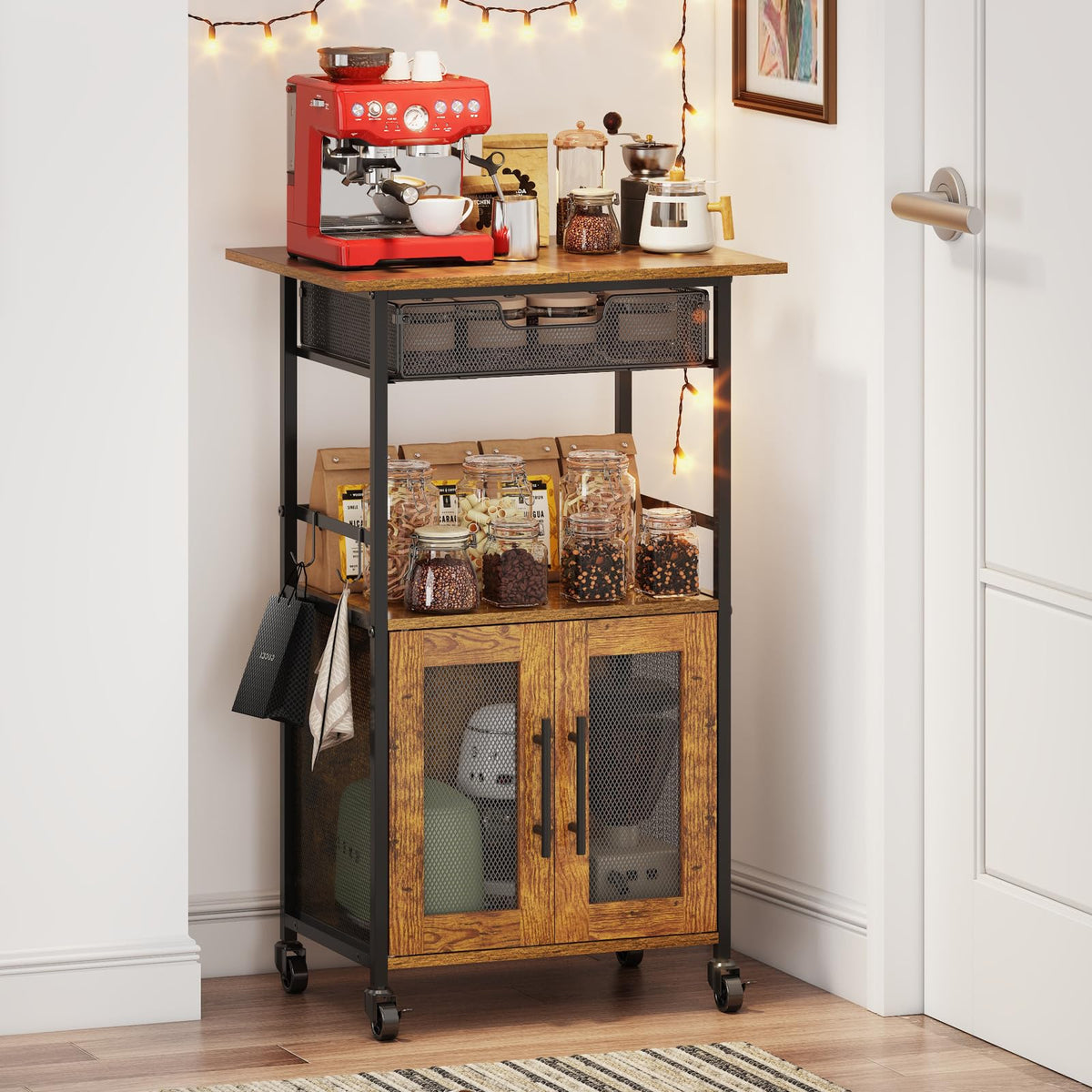 Hencawima 3-tier cart with cabinet and pull-out basket for organized coffee prep.