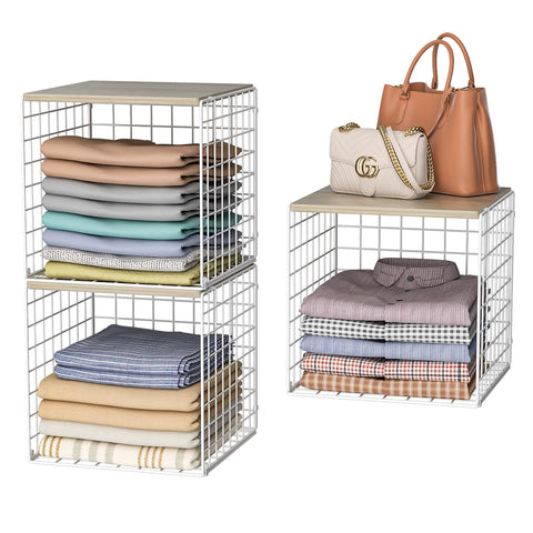 Hencawima 3-piece stackable closet organizers with wood top for extra wardrobe storage.