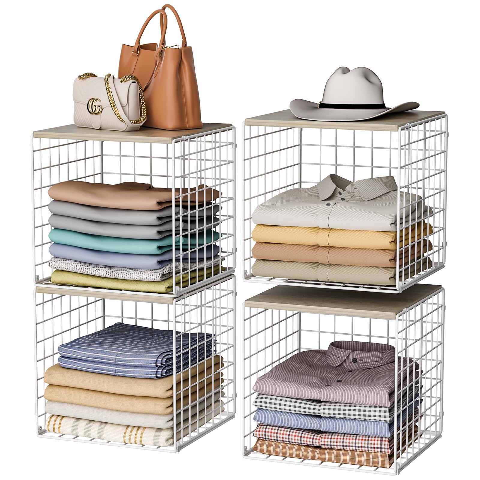 Hencawima 4-pack closet organizers with wood top for space-saving wardrobe storage