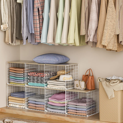 Hencawima closet storage baskets with white metal frame offering breathable, visible organization.