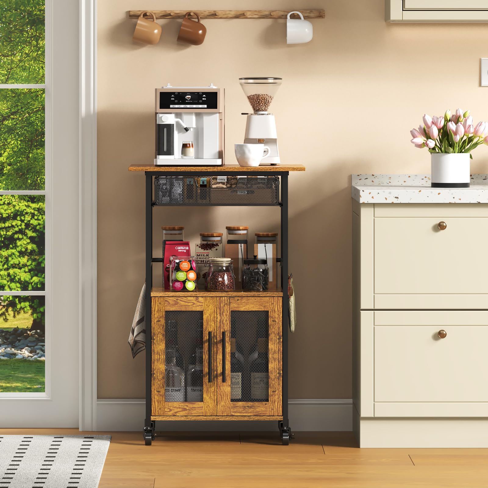 Hencawima versatile cart doubles as coffee bar and tea station.