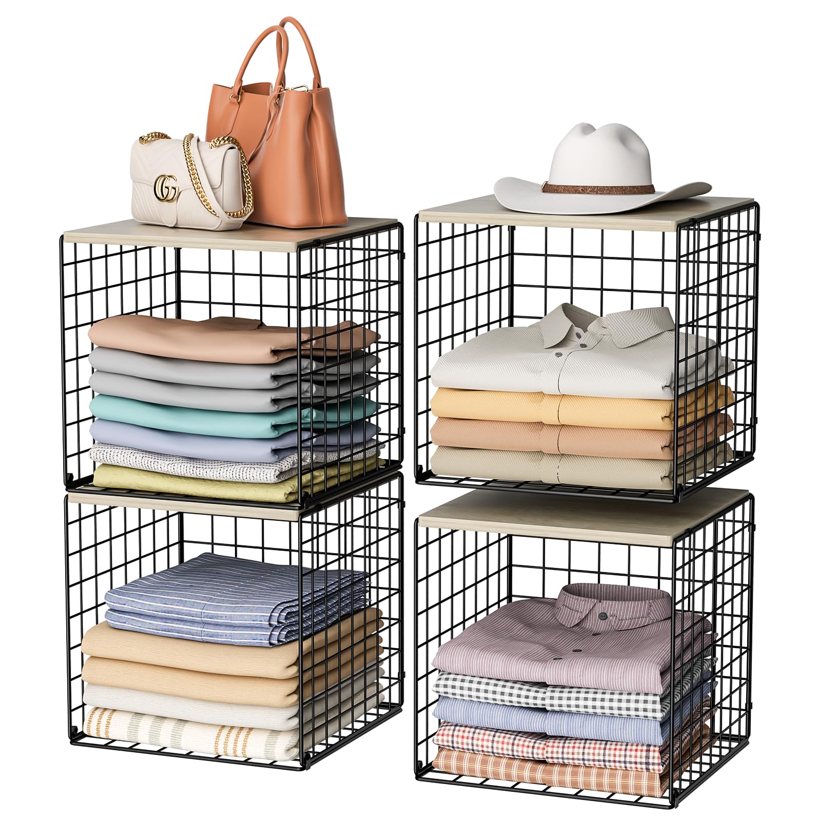 Hencawima four-tier closet organizer with wood top for compact wardrobe storage.