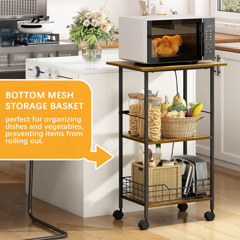Hencawima kitchen cart bottom wire basket holds fruits and vegetables neatly.